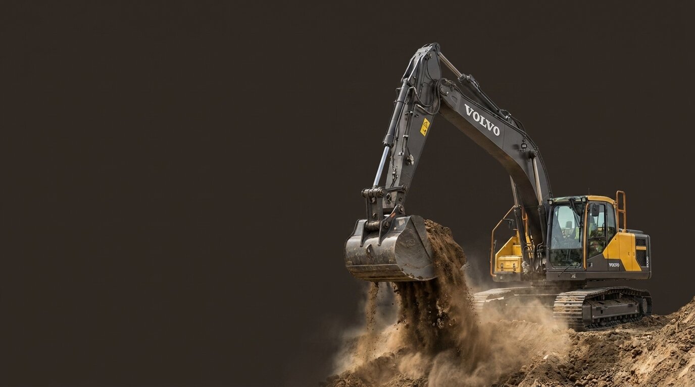Volvo excavator at work dumping soil